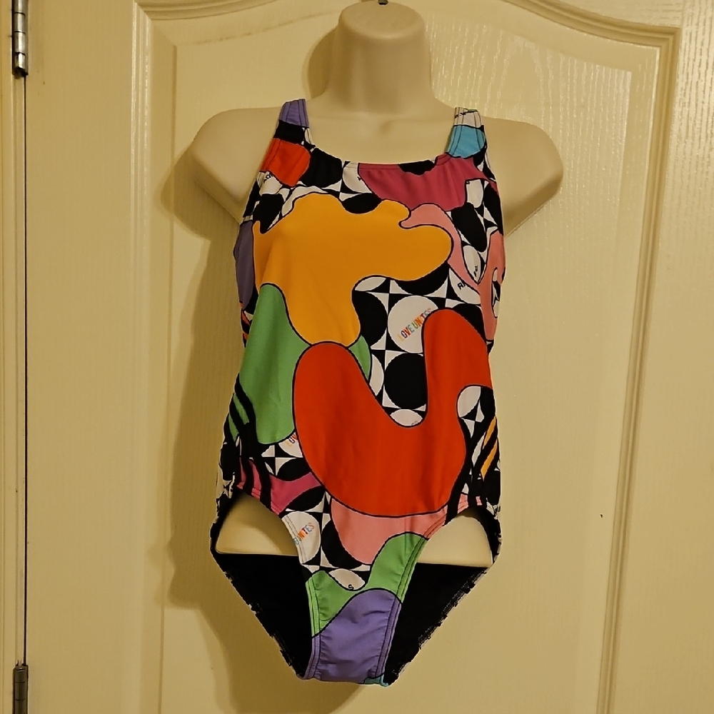 Adidas Red and Orange One Piece Swimsuit Geometric Pattern